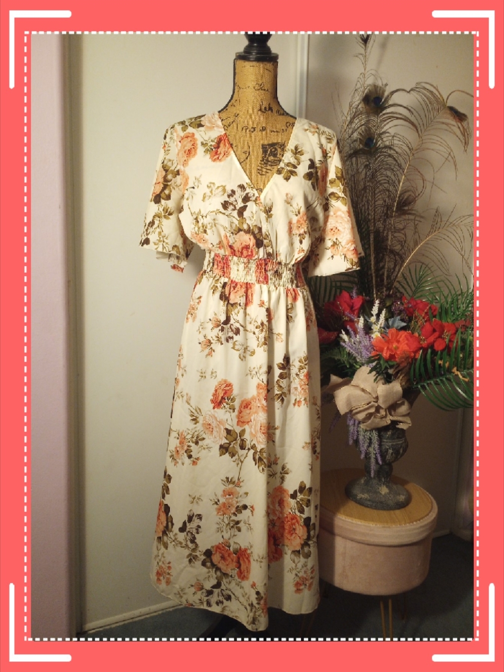 SHEIN Cream Maxi Dress with Peach Floral Print